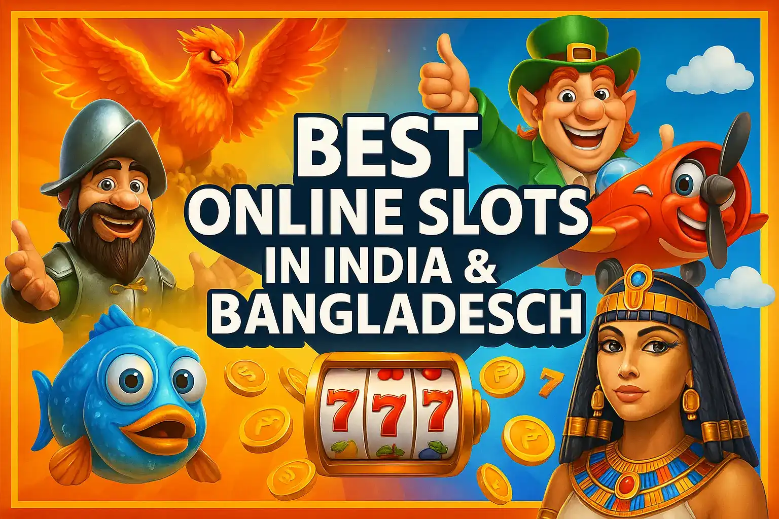 Colorful casino promotional banner featuring diverse slot game characters including knight, leprechaun, phoenix, Egyptian queen, fish and slot machine for India and Bangladesh markets