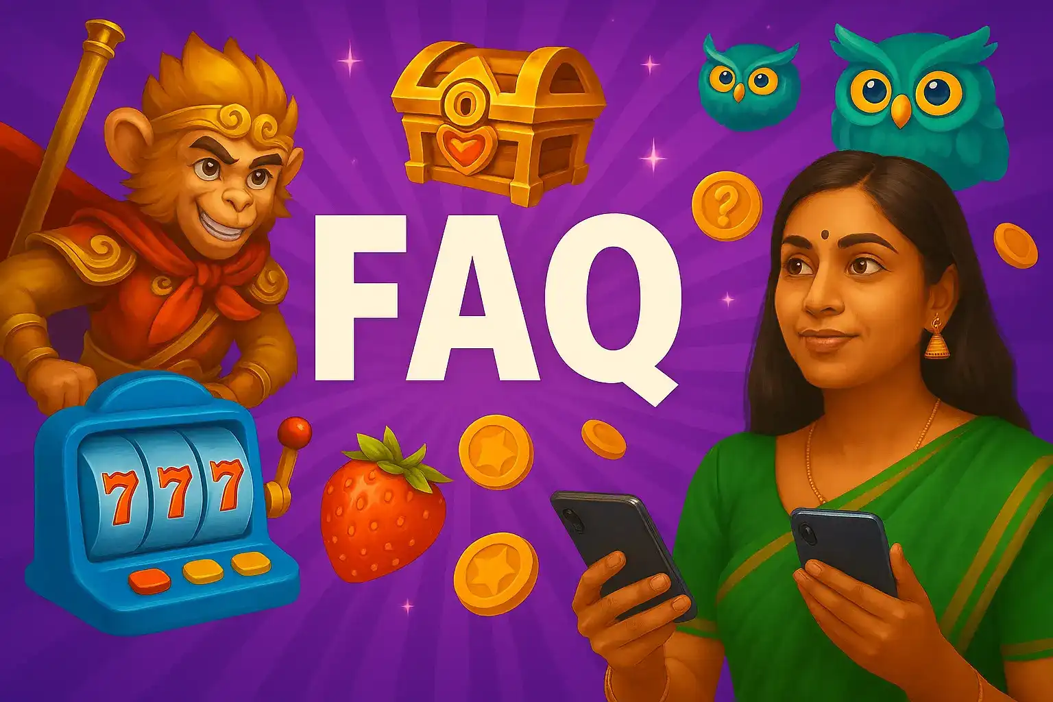 FAQ section design featuring Hanuman monkey god character with slot machine and Indian woman in sari holding smartphones with gaming symbols