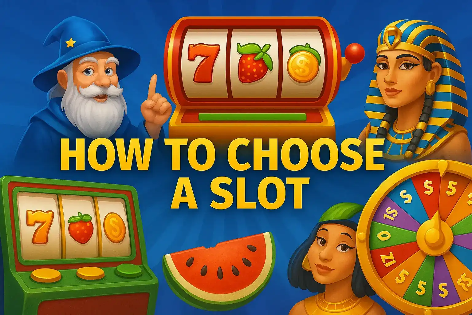 Slot machine selection guide featuring wizard pointing at fruit slot machine and Egyptian pharaoh queen with spinning wheel and casino symbols