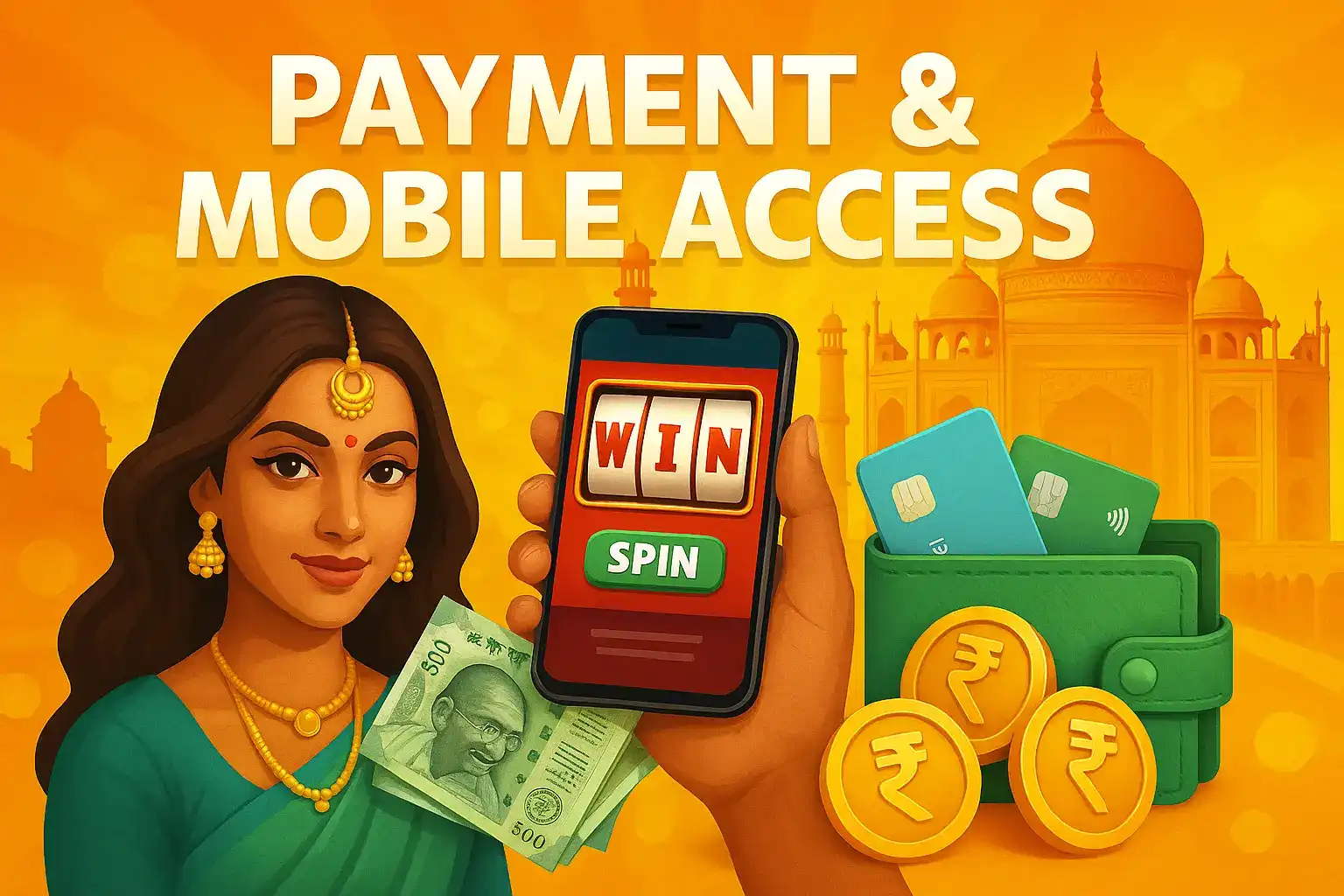 Indian woman in traditional sari holding rupee notes and smartphone with casino slot game against Taj Mahal backdrop with credit cards and coins