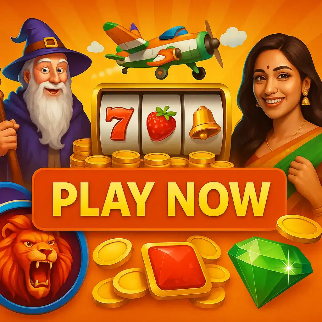 Play Now casino call-to-action with wizard, Indian woman in green sari, slot machine, airplane, lion, and gaming symbols on orange background