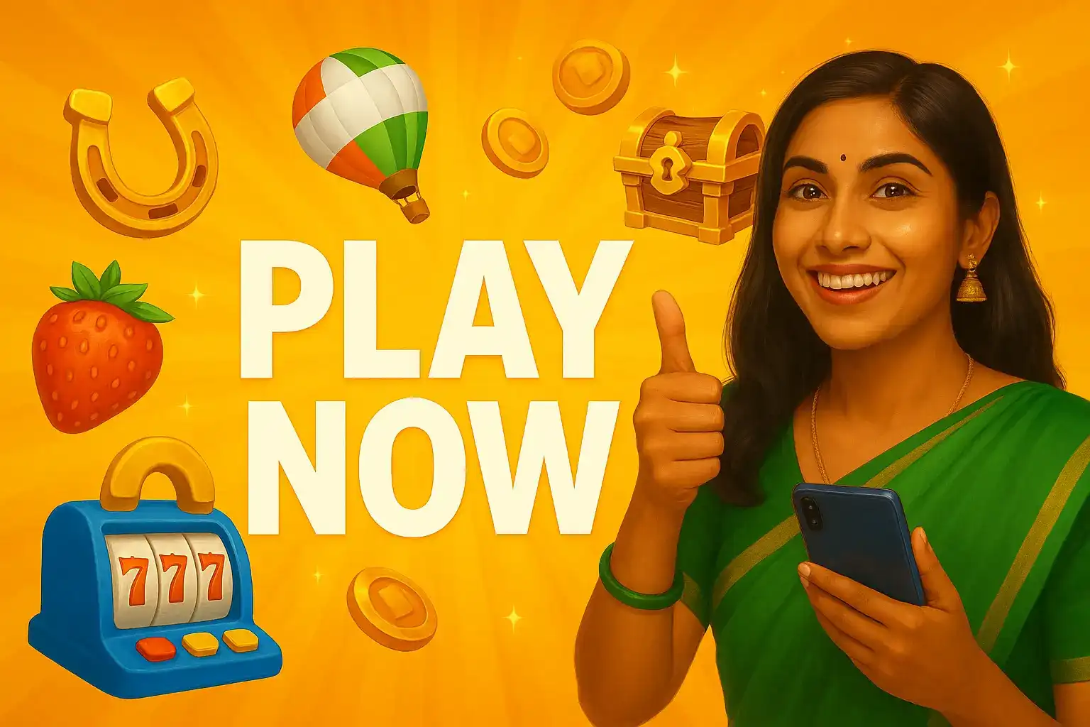 Cheerful Indian woman in green sari giving thumbs up with smartphone, surrounded by casino symbols including slot machine, horseshoe, balloon, and treasure chest