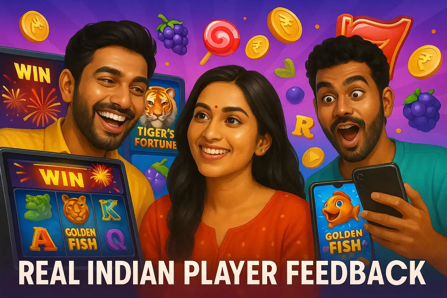 Happy Indian friends celebrating slot game wins on mobile devices with Tigers Fortune and Golden Fish games showing excitement and rupee coins