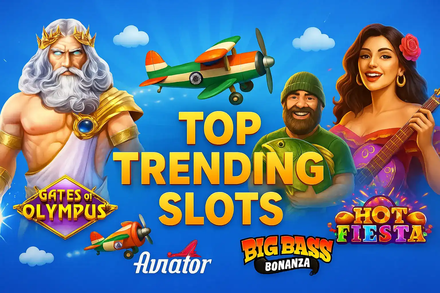 Popular casino slot games showcase featuring Zeus from Gates of Olympus, Aviator plane, Spanish guitarist from Hot Fiesta, and Big Bass Bonanza fisherman