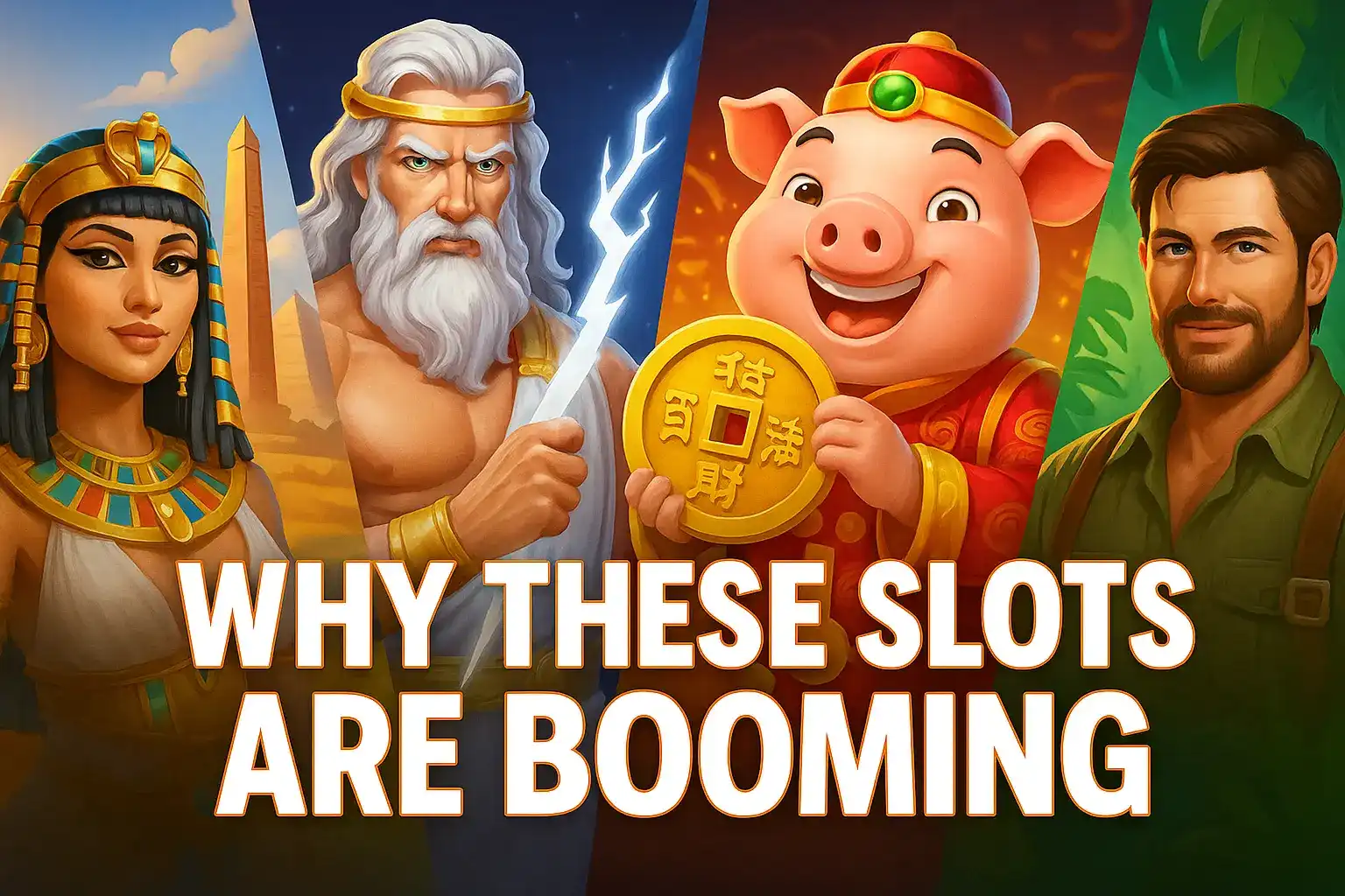 Diverse slot game characters explaining popularity including Egyptian queen, Greek god Zeus, lucky pig with coin, and modern man representing gaming trends